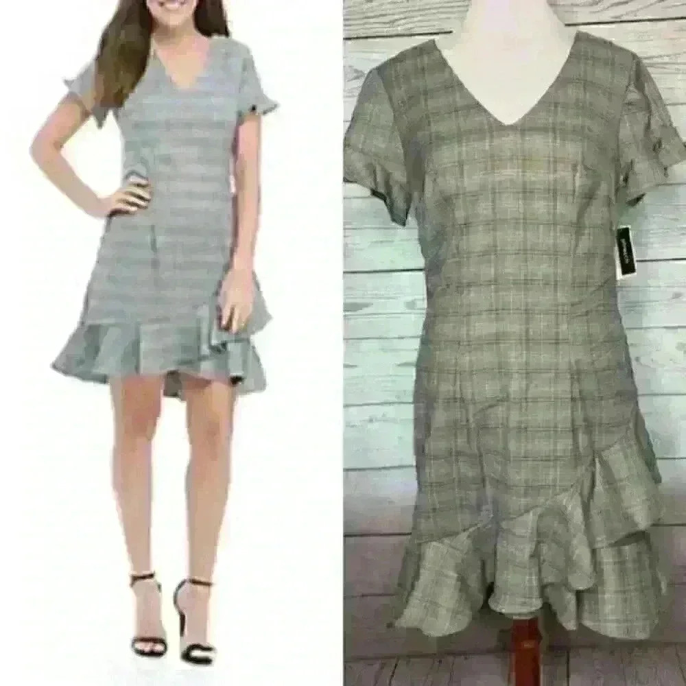 nwt beige eci plaid ruffle dress 4